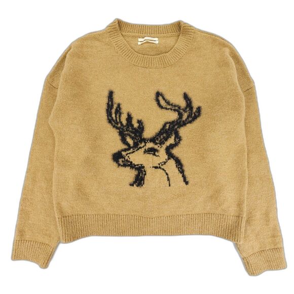 ANTHROPOLOGIE Oh Deer Sweater Reindeer Intarsia Novelty Pullover Tan Brown Boho - Picture 6 of 8